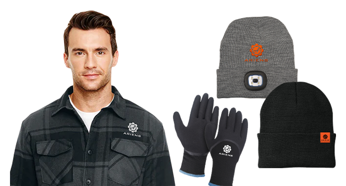 Man wearing Ariens Co Button Down Shirt and shown separately Beanies and Gloves
